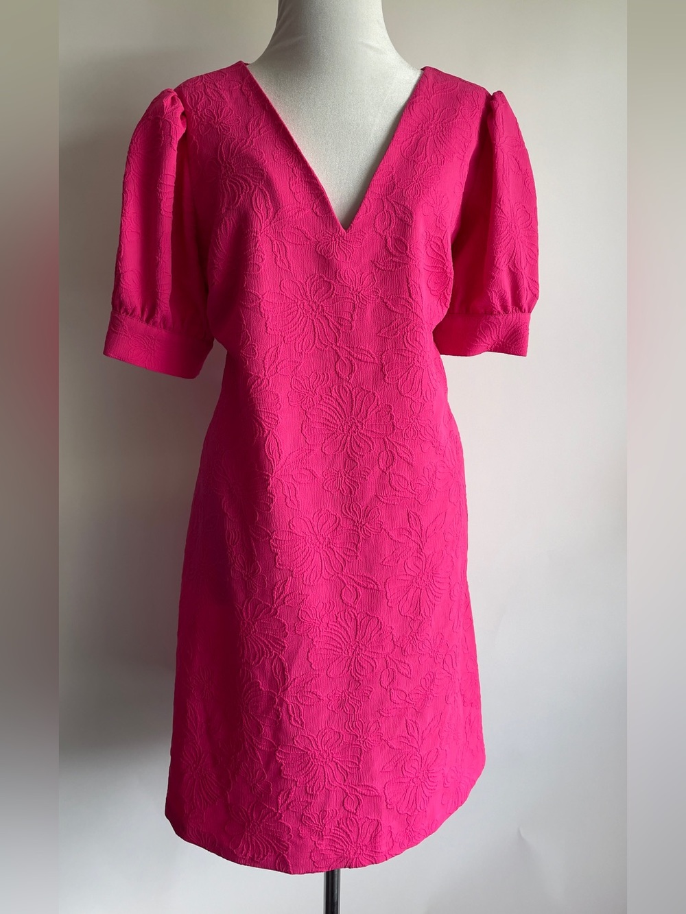 Floral Hot PinkJacquard Puff Sleeve Midi Dress V-Neck Textured Barbie Pink Sz 14